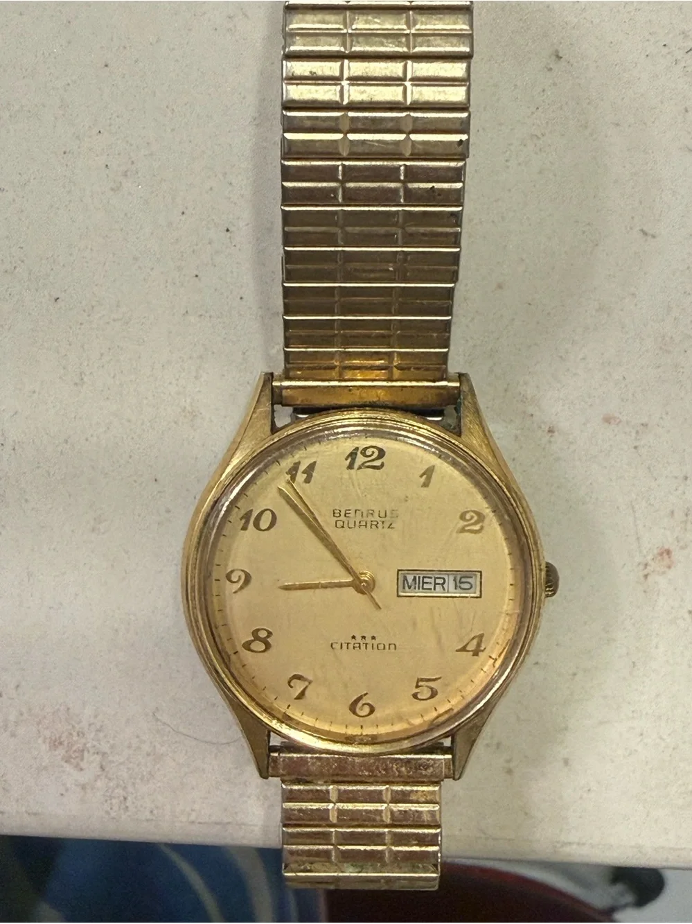 Vintage Benrus Citation 3 Star Quartz Gold Tone Day Date Men’s Watch